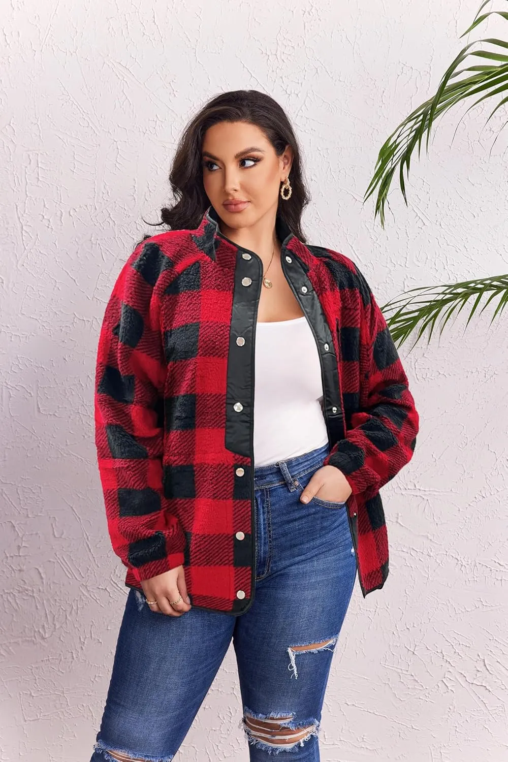 IN'VOLAND Plus Size Womens Fleece Jacket Western Aztec Print Long Sleeve Snap Button Down Shacket with Pockets