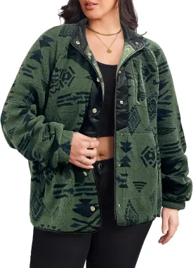IN'VOLAND Plus Size Womens Fleece Jacket Western Aztec Print Long Sleeve Snap Button Down Shacket with Pockets