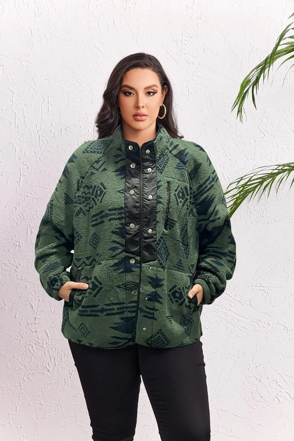IN'VOLAND Plus Size Womens Fleece Jacket Western Aztec Print Long Sleeve Snap Button Down Shacket with Pockets