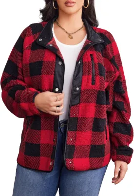 IN'VOLAND Plus Size Womens Fleece Jacket Western Aztec Print Long Sleeve Snap Button Down Shacket with Pockets