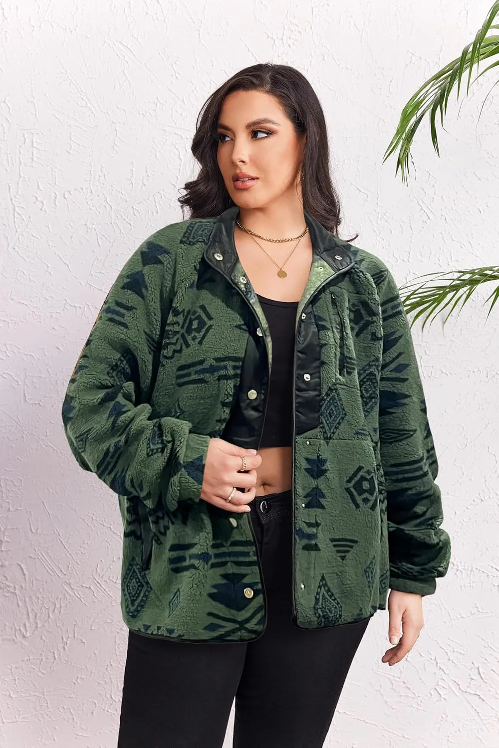 IN'VOLAND Plus Size Womens Fleece Jacket Western Aztec Print Long Sleeve Snap Button Down Shacket with Pockets