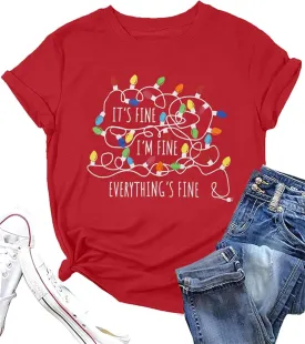 It's Fine I'm Fine Women's Christmas Lights Shirt Funny Short Sleeve Tee Top