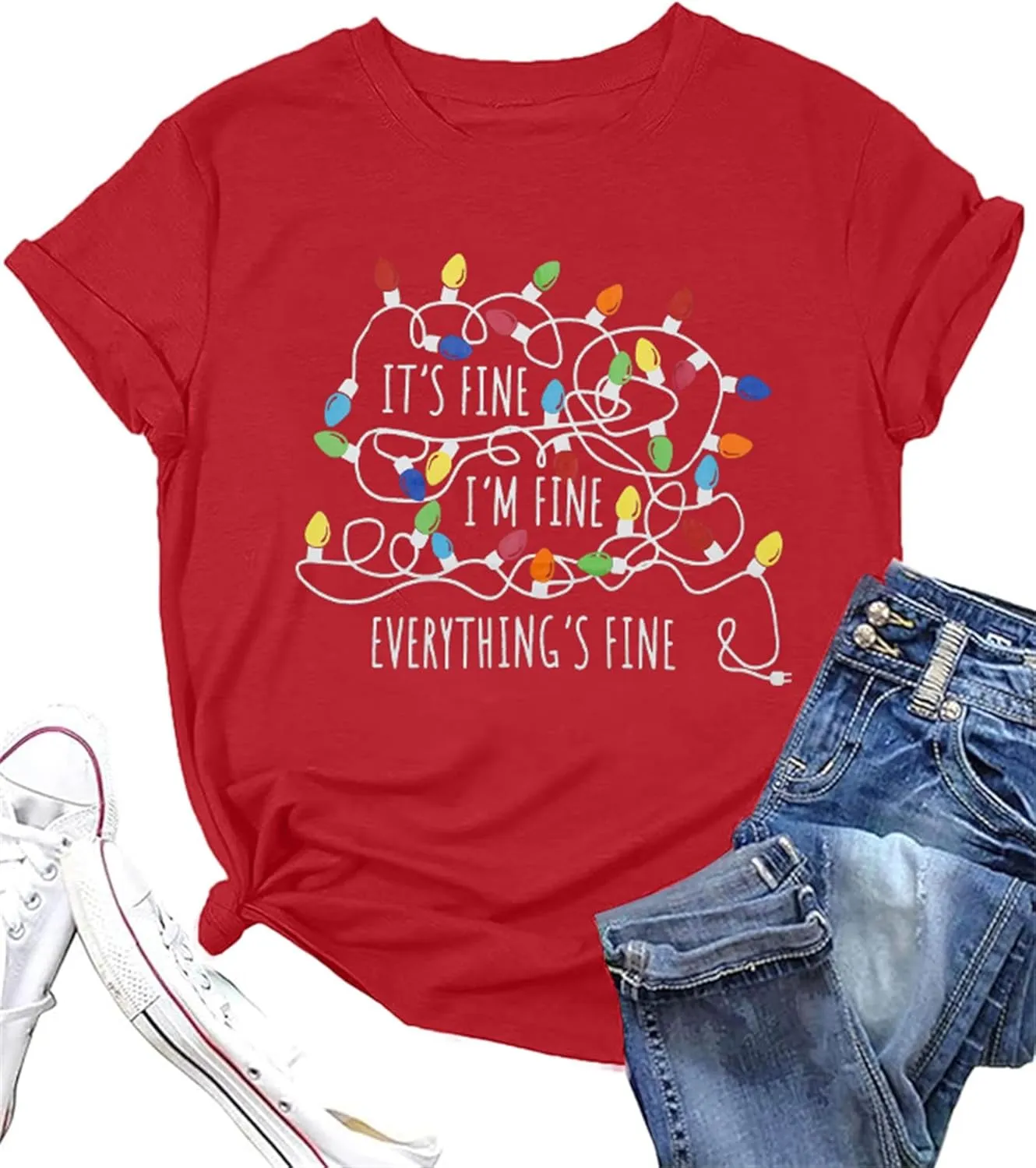 It's Fine I'm Fine Women's Christmas Lights Shirt Funny Short Sleeve Tee Top