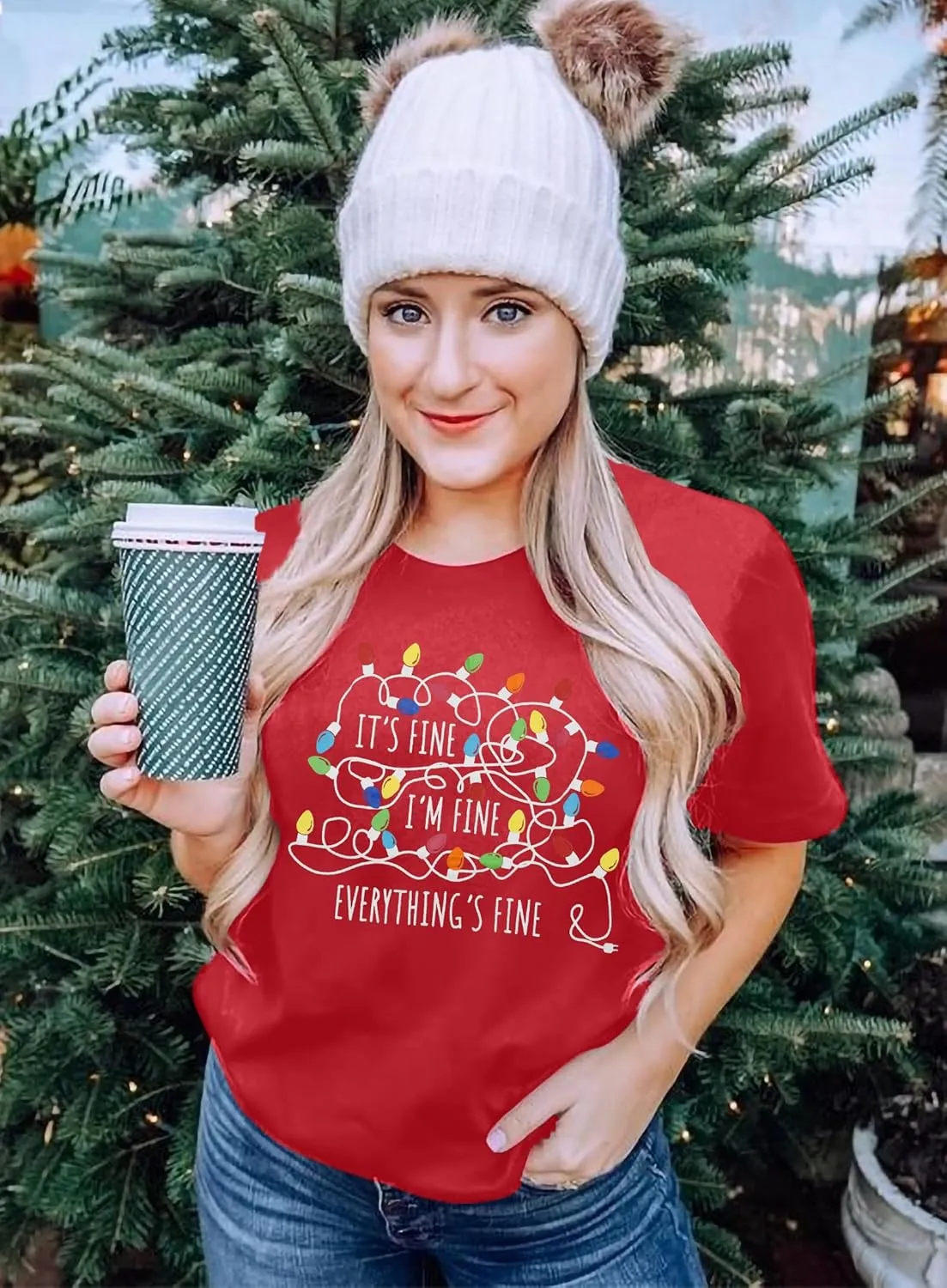It's Fine I'm Fine Women's Christmas Lights Shirt Funny Short Sleeve Tee Top