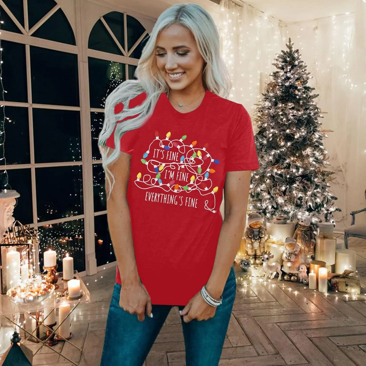It's Fine I'm Fine Women's Christmas Lights Shirt Funny Short Sleeve Tee Top