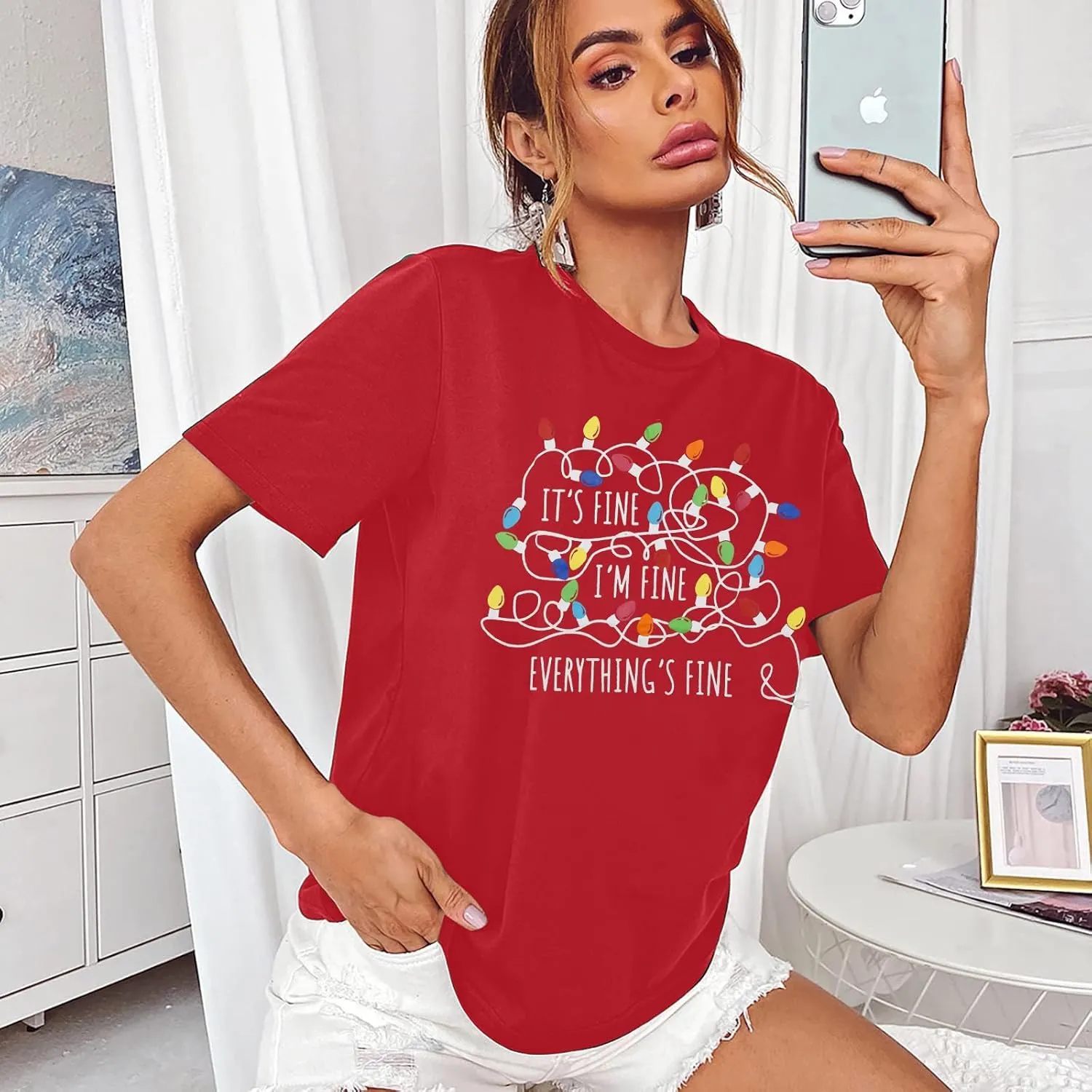 It's Fine I'm Fine Women's Christmas Lights Shirt Funny Short Sleeve Tee Top