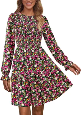 KIRUNDO Spring Dresses for Women 2025 Summer Smocked Long Sleeve Floral Crewneck Ruffle A Line Flowy Party Mini Dress