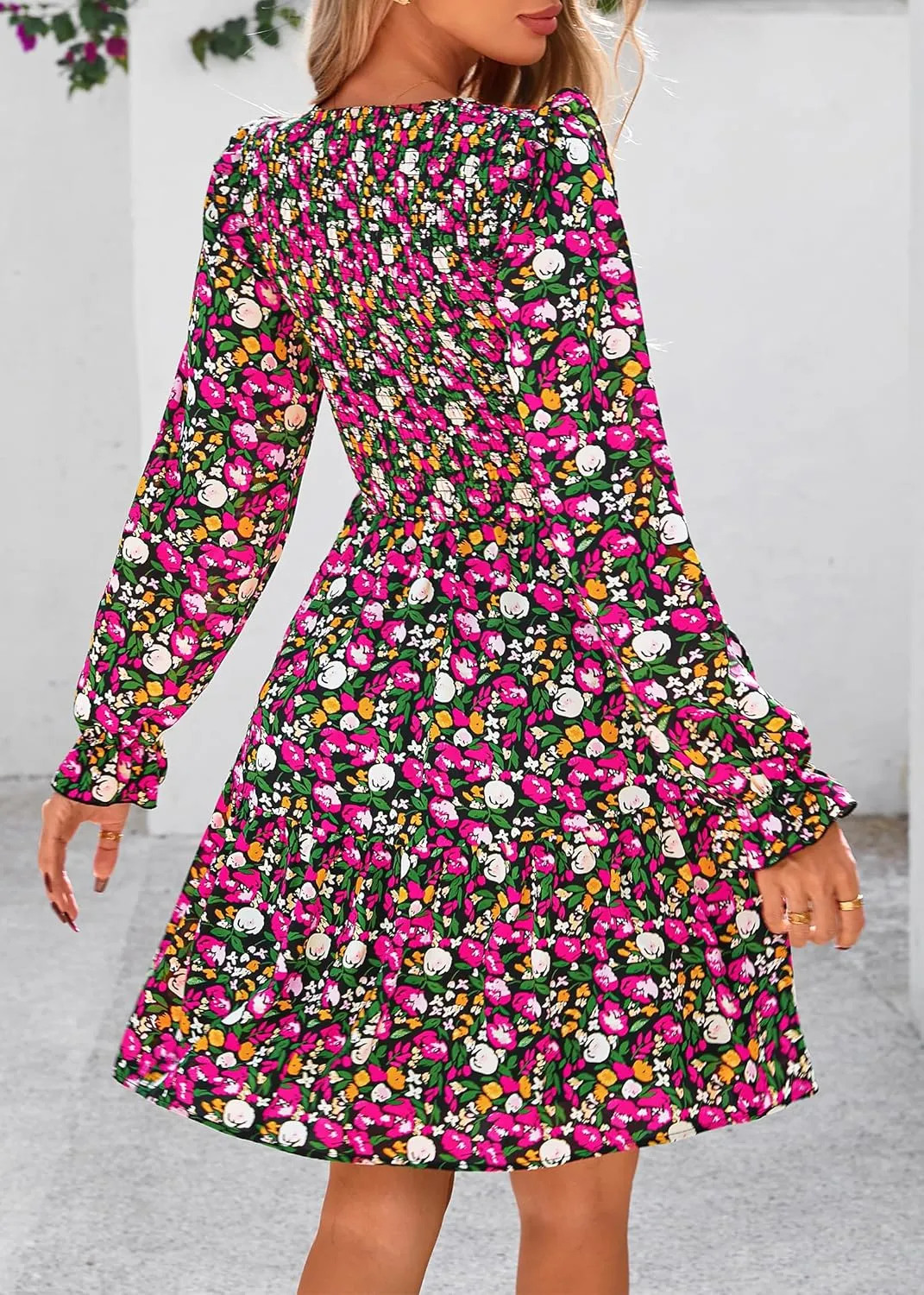 KIRUNDO Spring Dresses for Women 2025 Summer Smocked Long Sleeve Floral Crewneck Ruffle A Line Flowy Party Mini Dress