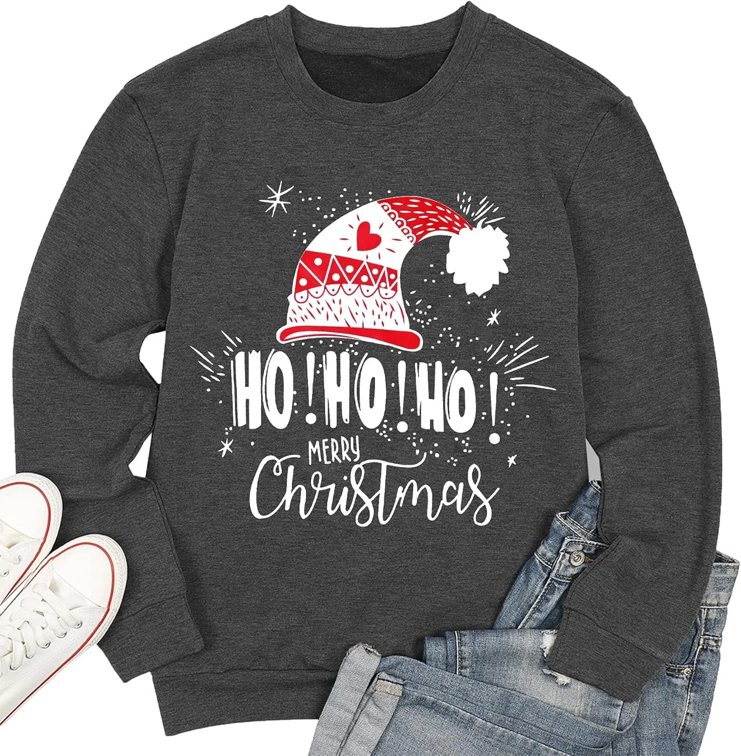 LHBNK Merry Christmas Sweatshirts HoHoHo Christmas Shirt Women Funny Santa Print Graphic Tee Casual Long Sleeve Blouse Tops