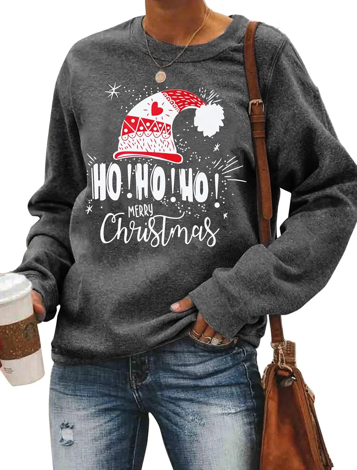 LHBNK Merry Christmas Sweatshirts HoHoHo Christmas Shirt Women Funny Santa Print Graphic Tee Casual Long Sleeve Blouse Tops