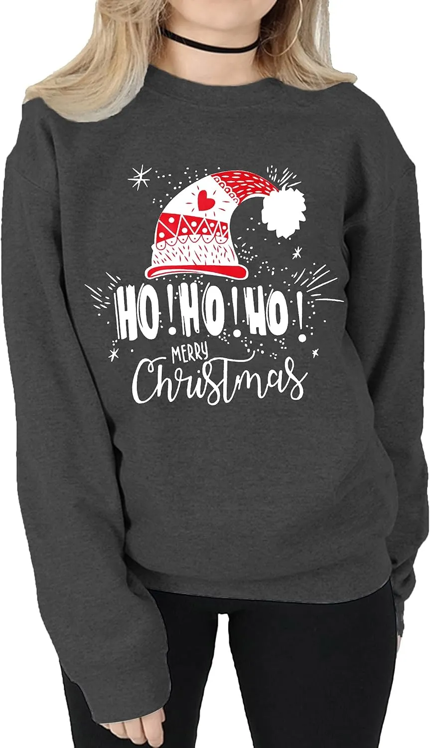 LHBNK Merry Christmas Sweatshirts HoHoHo Christmas Shirt Women Funny Santa Print Graphic Tee Casual Long Sleeve Blouse Tops