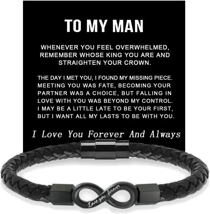 LIU JUN To My Man Infinity Leather Bracelet, Love You Forever Stainless Steel Valentine Birthday Christmas Wristband Gifts Jewelry