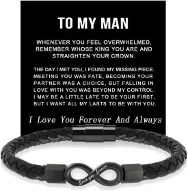LIU JUN To My Man Infinity Leather Bracelet, Love You Forever Stainless Steel Valentine Birthday Christmas Wristband Gifts Jewelry