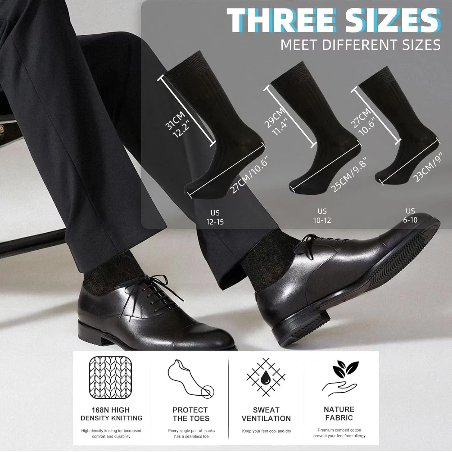 Men's Boy's Seamless Dress Socks-Comfort Lightweight Business Cotton Crew Sock 3 Pack