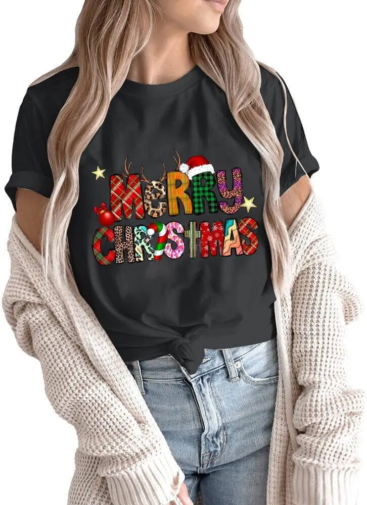 Merry and Bright Shirt Christmas T-Shirts for Family Couple Outfit Tee Christmas Top Parent-Child Short Sleeves