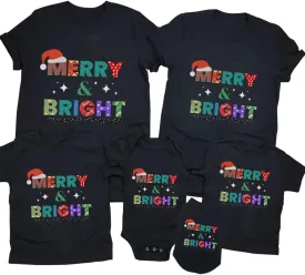 Merry and Bright Shirt Christmas T-Shirts for Family Couple Outfit Tee Christmas Top Parent-Child Short Sleeves