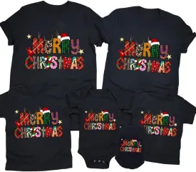 Merry and Bright Shirt Christmas T-Shirts for Family Couple Outfit Tee Christmas Top Parent-Child Short Sleeves