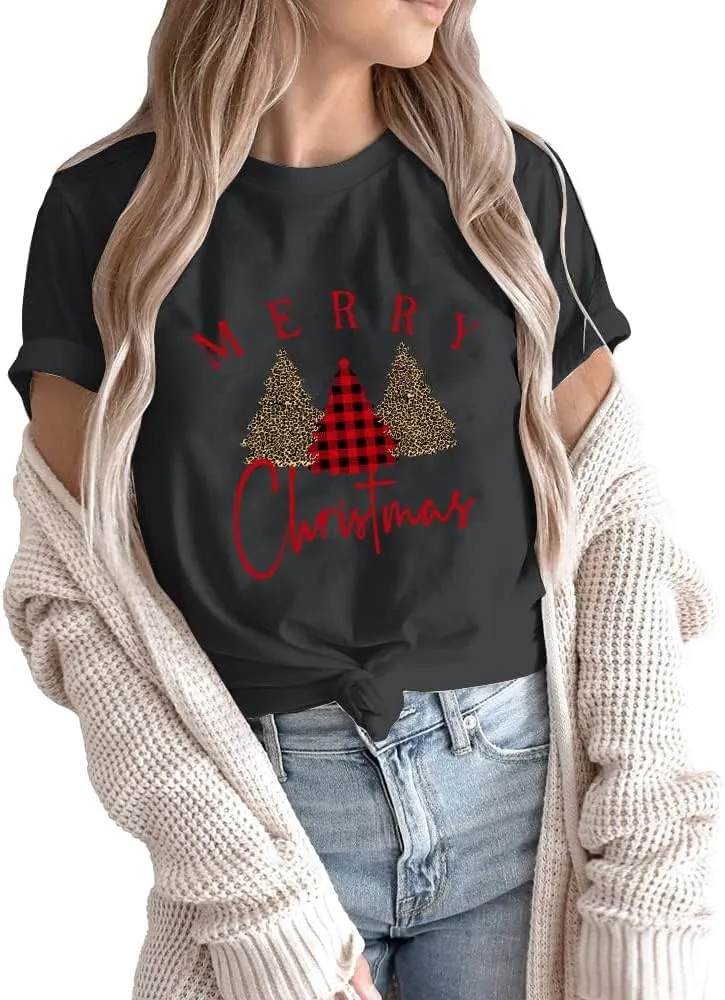 Merry and Bright Shirt Christmas T-Shirts for Family Couple Outfit Tee Christmas Top Parent-Child Short Sleeves