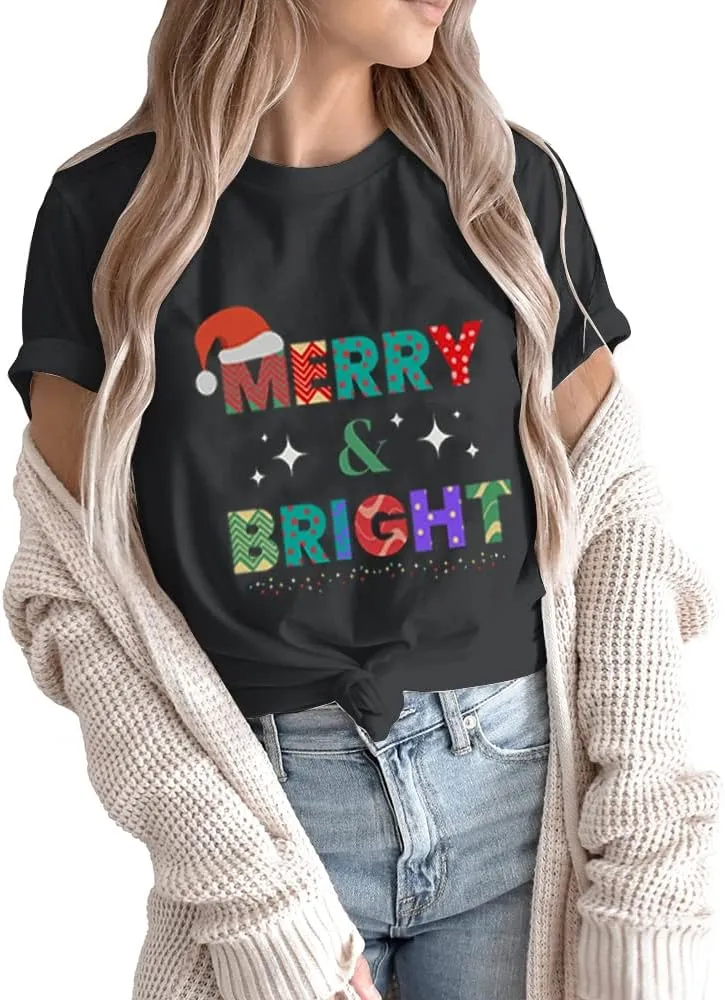 Merry and Bright Shirt Christmas T-Shirts for Family Couple Outfit Tee Christmas Top Parent-Child Short Sleeves