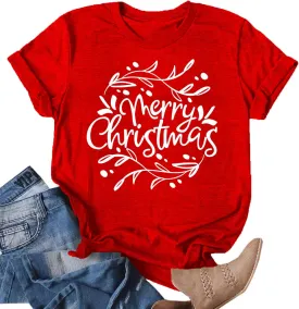 Merry Christmas Shirts Women Funny Xmas Tree Graphic T-Shirt Holiday Tshirts Casual Short Sleeve Tee Tops