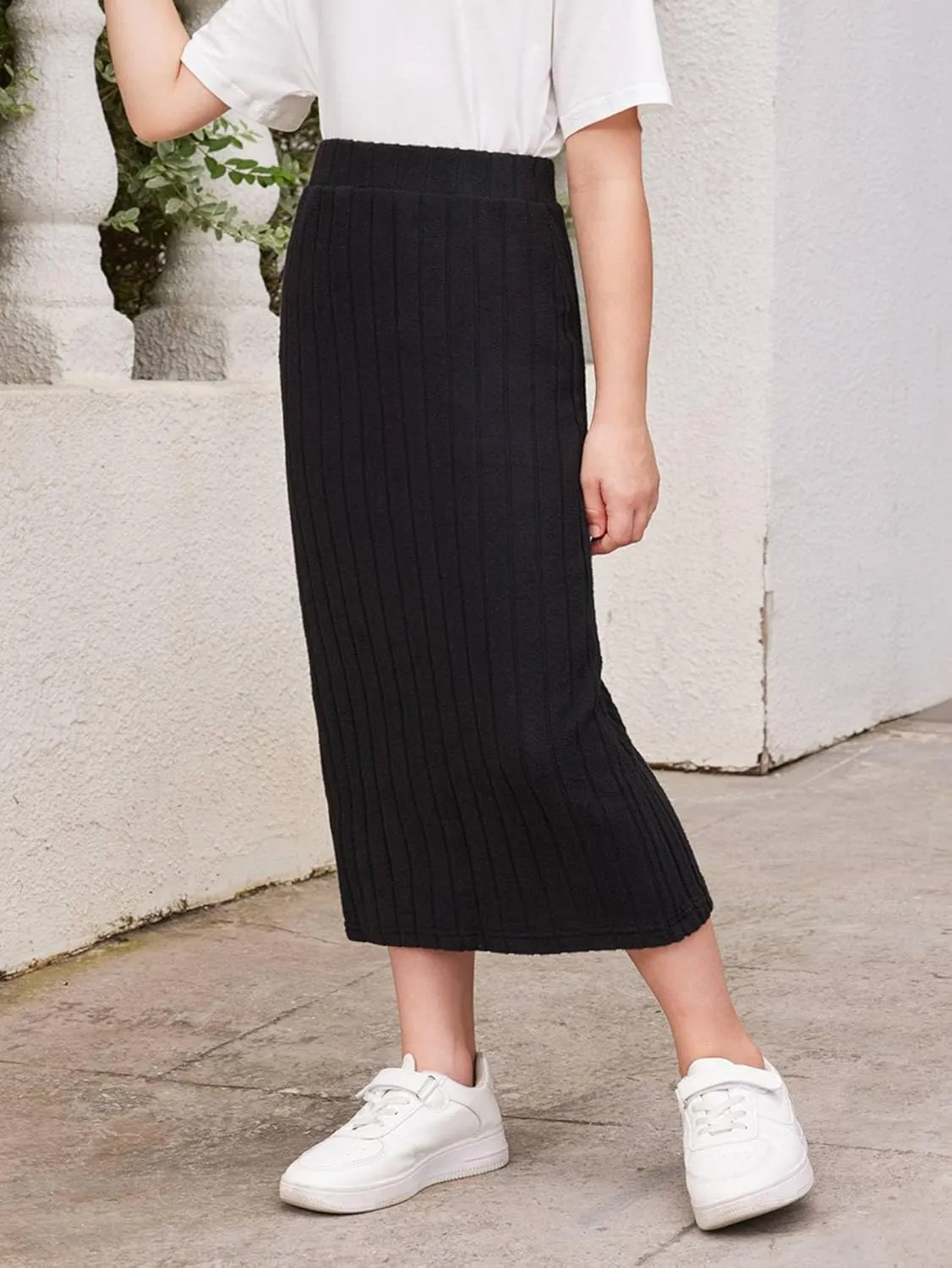 Milumia Girl's Rib Knit Split Thigh Long Skirt Elastic Waist Solid Pencil Skirts