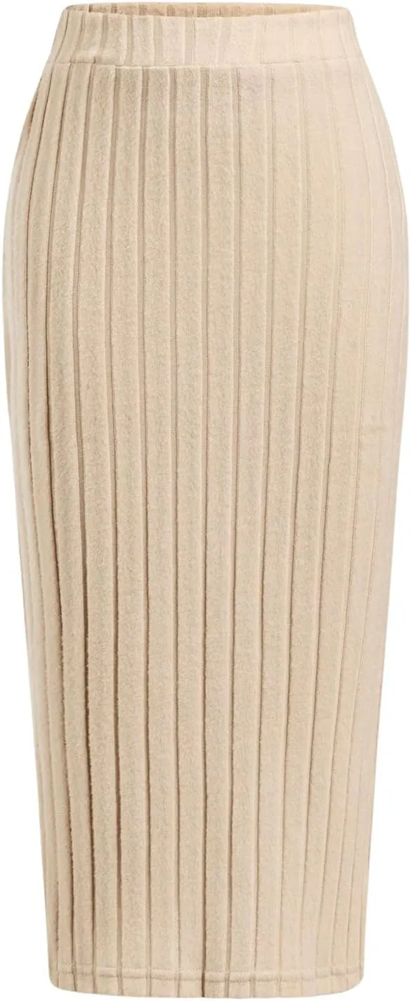 Milumia Girl's Rib Knit Split Thigh Long Skirt Elastic Waist Solid Pencil Skirts