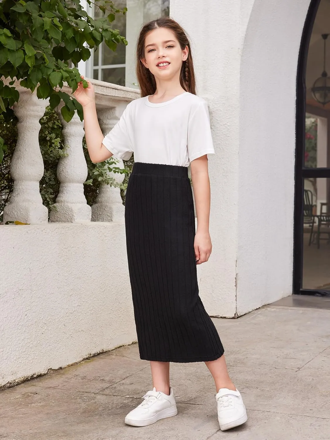 Milumia Girl's Rib Knit Split Thigh Long Skirt Elastic Waist Solid Pencil Skirts