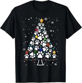Paw Print Christmas Tree Lights Matching Family Xmas T-Shirt
