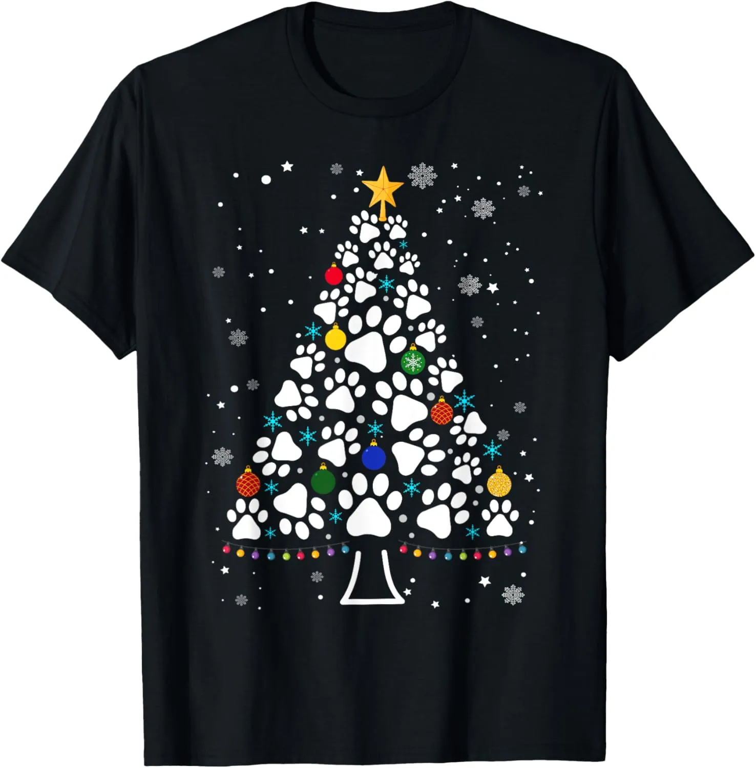 Paw Print Christmas Tree Lights Matching Family Xmas T-Shirt