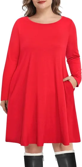 Pinup Fashion Women's Long Sleeve Plus Size Dress Casual T-Shirt Swing Loose Dresses with Pockets
