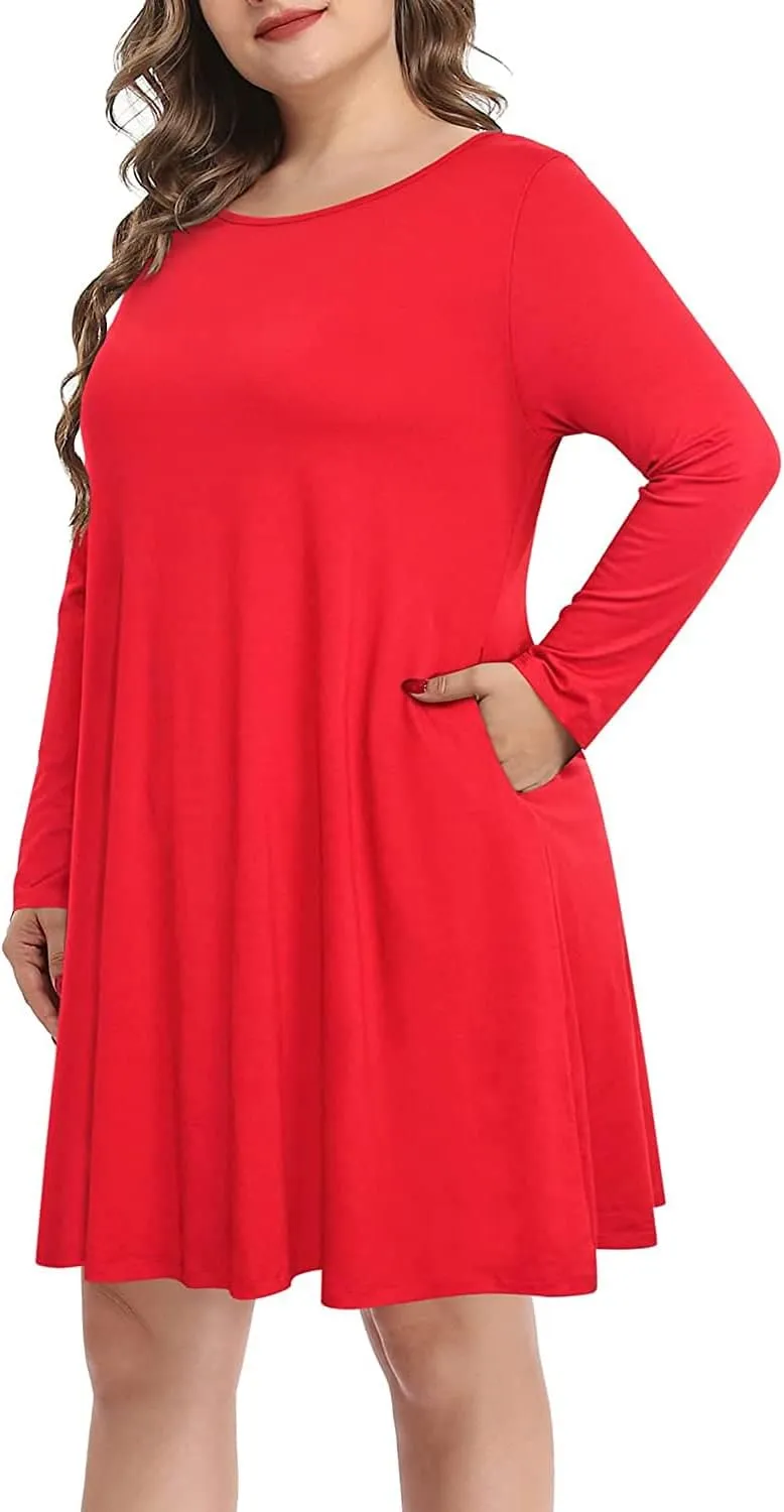Pinup Fashion Women's Long Sleeve Plus Size Dress Casual T-Shirt Swing Loose Dresses with Pockets