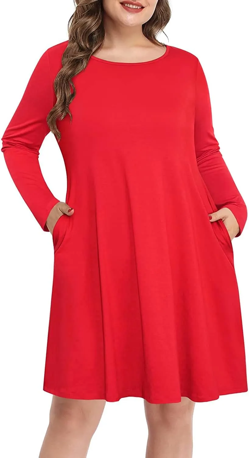 Pinup Fashion Women's Long Sleeve Plus Size Dress Casual T-Shirt Swing Loose Dresses with Pockets