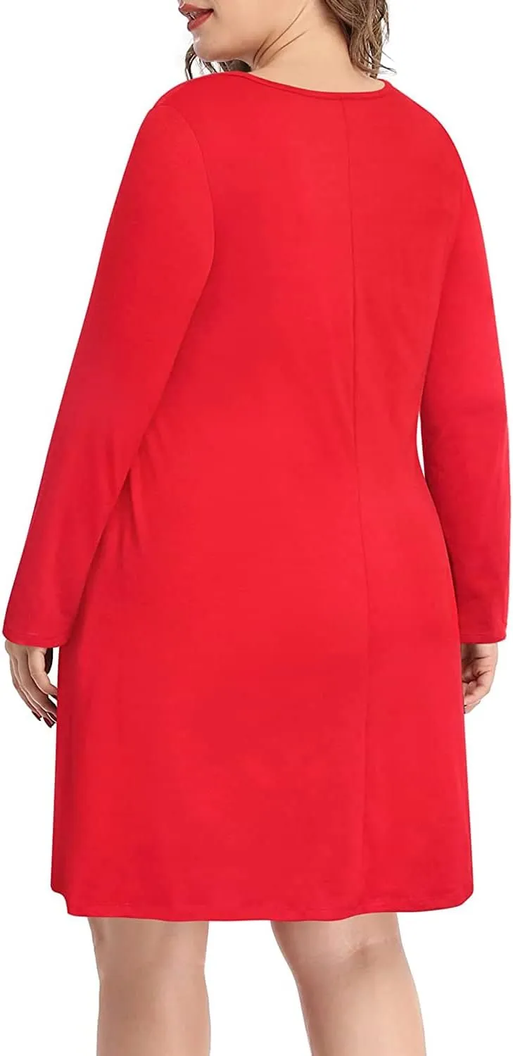 Pinup Fashion Women's Long Sleeve Plus Size Dress Casual T-Shirt Swing Loose Dresses with Pockets