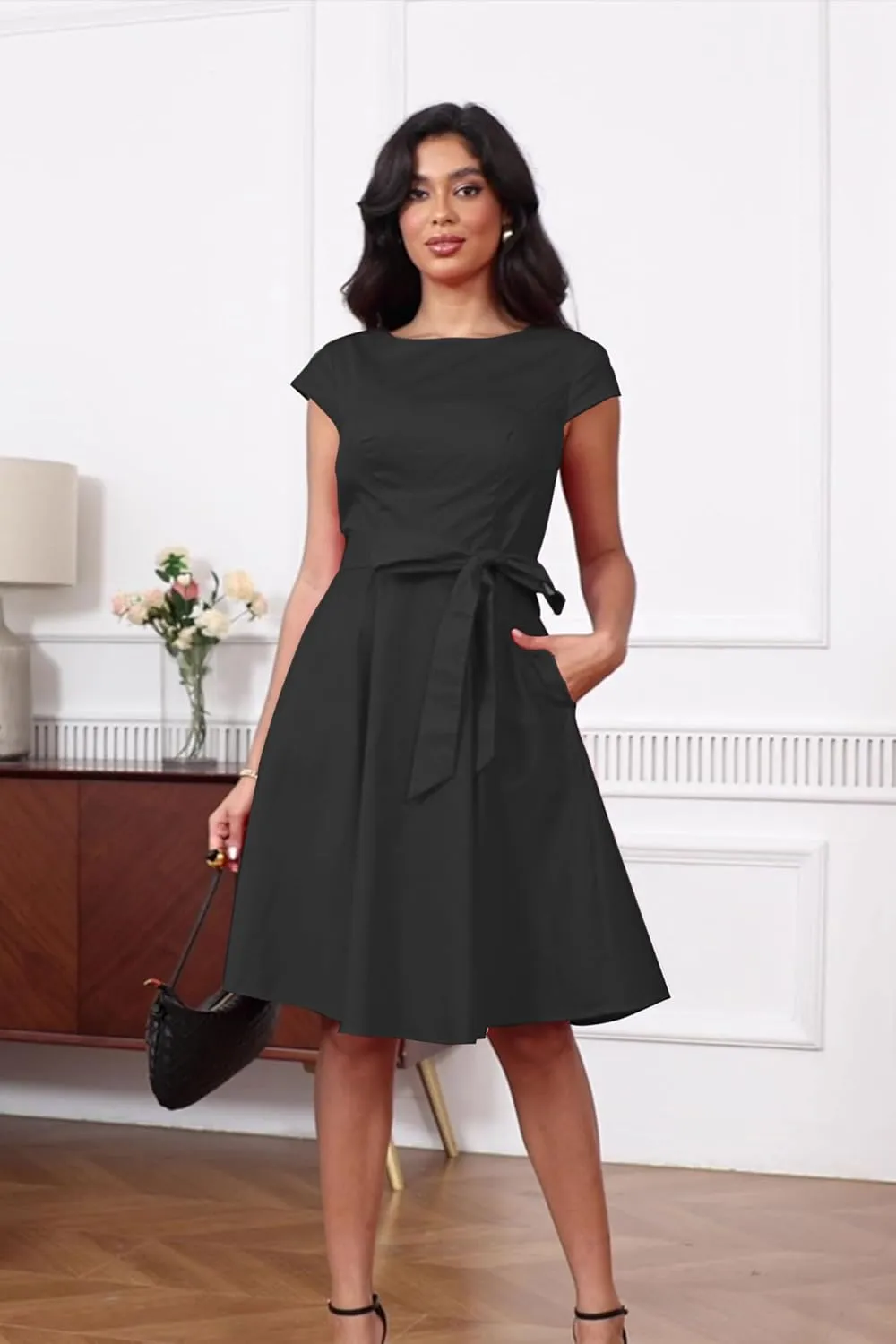 PUKAVT Women's 1950 Boatneck Cap Sleeve Vintage Swing Cocktail Party Dress with Pockets