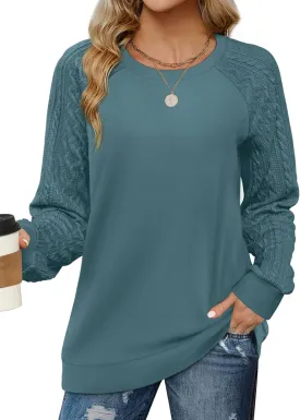 Saloogoe Sweatshirts for Women Crewneck Cable Knit Sleeve Sweaters Lightweight Fashion 2024