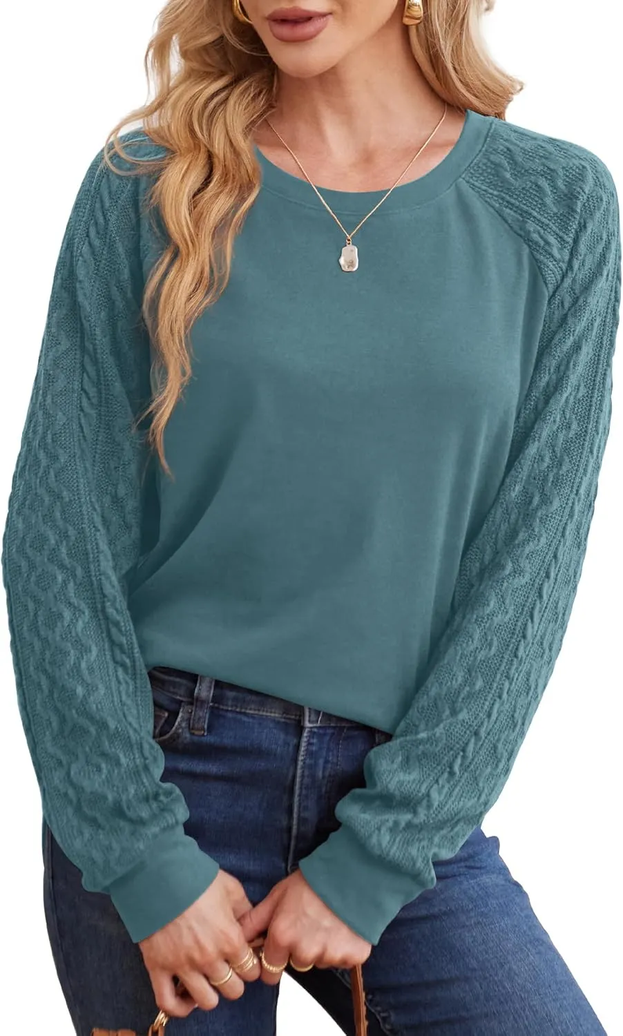Saloogoe Sweatshirts for Women Crewneck Cable Knit Sleeve Sweaters Lightweight Fashion 2024