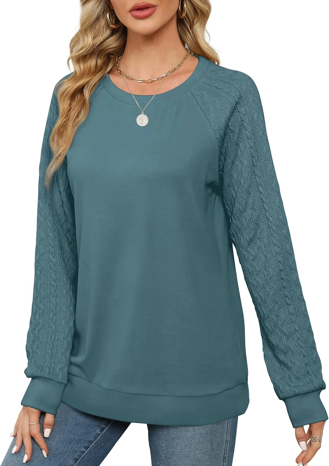 Saloogoe Sweatshirts for Women Crewneck Cable Knit Sleeve Sweaters Lightweight Fashion 2024