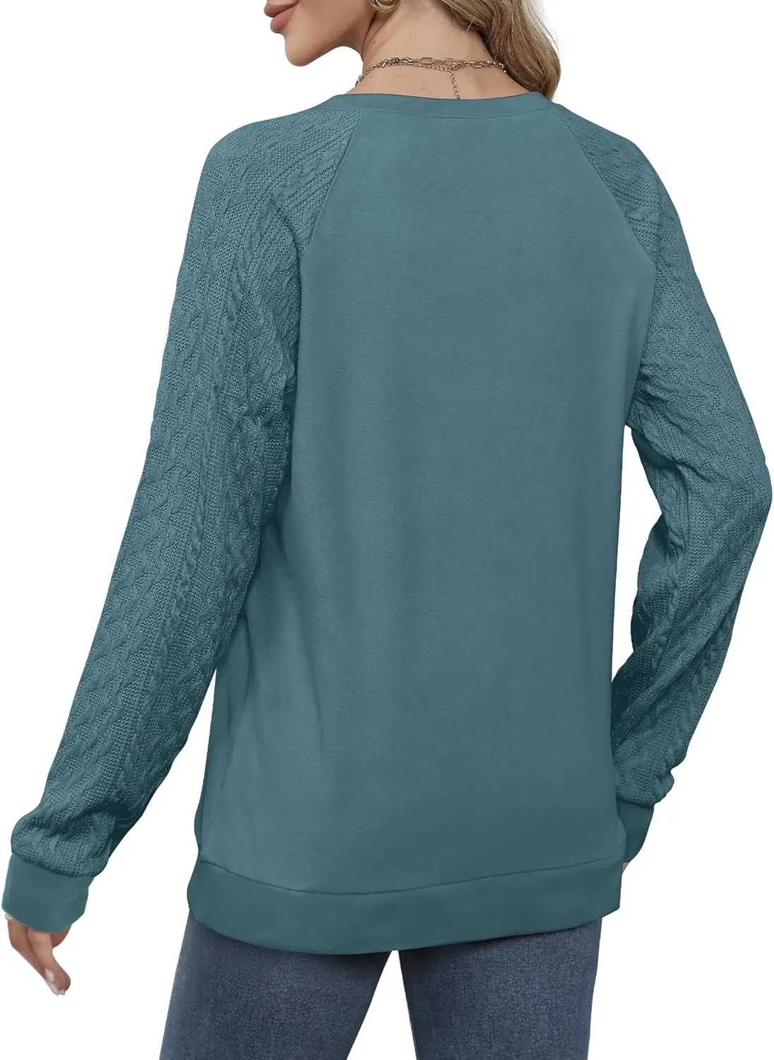 Saloogoe Sweatshirts for Women Crewneck Cable Knit Sleeve Sweaters Lightweight Fashion 2024