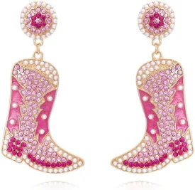 Sparkling Cowgirl Boots Drop Dangle Earrings for Women Girls Crystal Cubic Zirconia Shell Pearl Boot Western Cowboy Fancy Dress Costume Dangling Statement Earring Fashion Jewelry Gifts