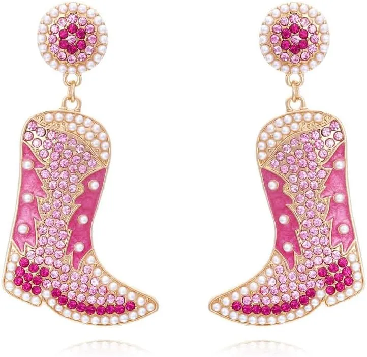 Sparkling Cowgirl Boots Drop Dangle Earrings for Women Girls Crystal Cubic Zirconia Shell Pearl Boot Western Cowboy Fancy Dress Costume Dangling Statement Earring Fashion Jewelry Gifts