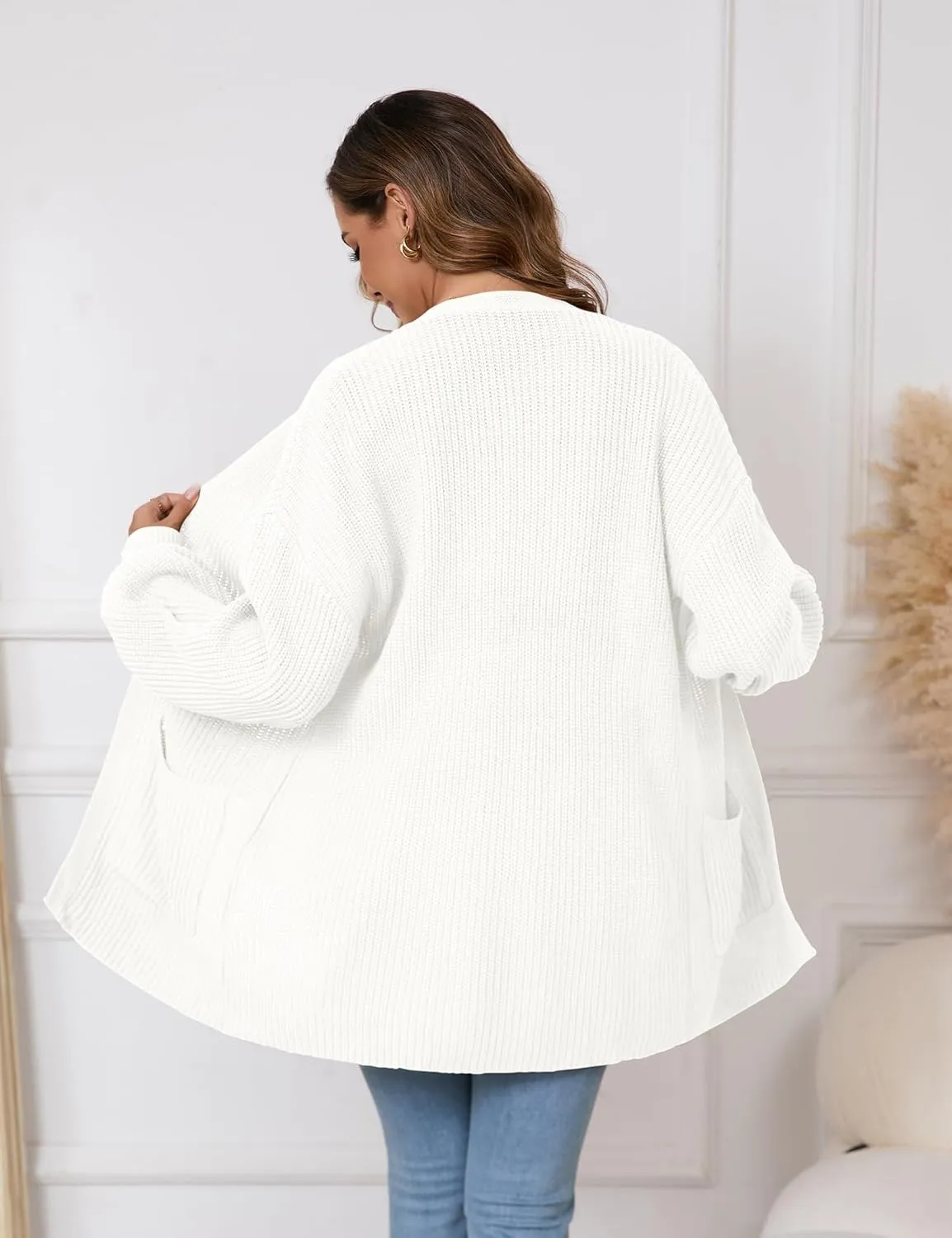 SPR&JOY Womens Lantern Sleeve Cardigan Sweaters, Drop Shoulder Open Front Knit Tops, Solid Loose Outwear Coats with Pockets