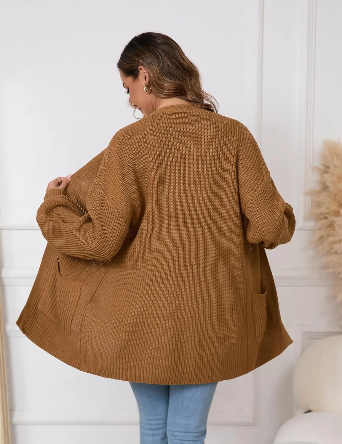 SPR&JOY Womens Lantern Sleeve Cardigan Sweaters, Drop Shoulder Open Front Knit Tops, Solid Loose Outwear Coats with Pockets
