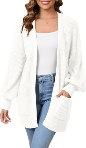 SPR&JOY Womens Lantern Sleeve Cardigan Sweaters, Drop Shoulder Open Front Knit Tops, Solid Loose Outwear Coats with Pockets