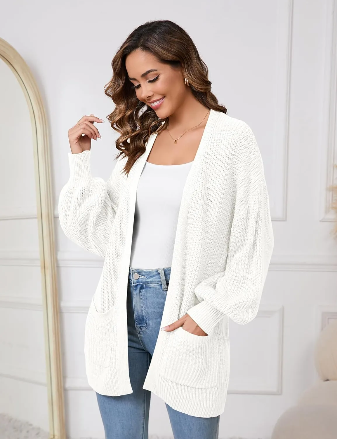 SPR&JOY Womens Lantern Sleeve Cardigan Sweaters, Drop Shoulder Open Front Knit Tops, Solid Loose Outwear Coats with Pockets