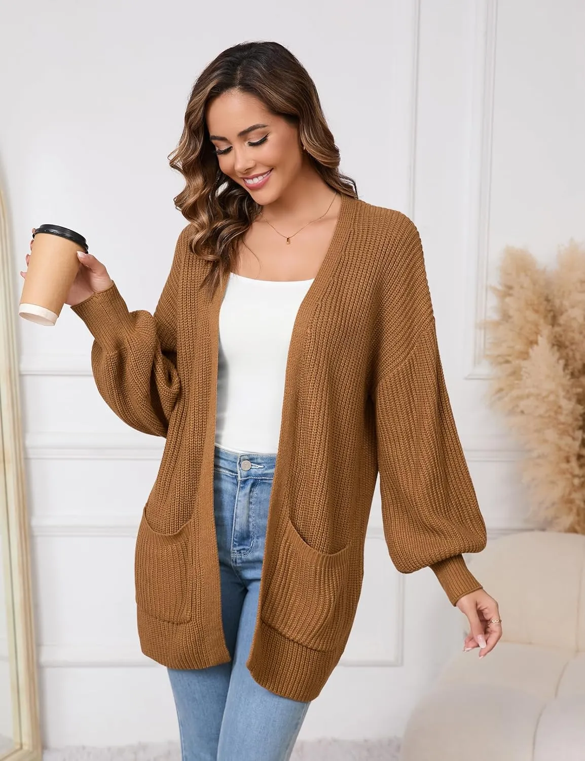 SPR&JOY Womens Lantern Sleeve Cardigan Sweaters, Drop Shoulder Open Front Knit Tops, Solid Loose Outwear Coats with Pockets