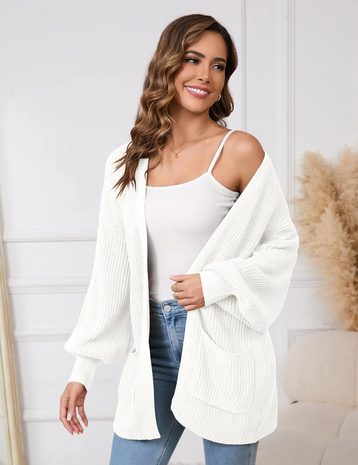 SPR&JOY Womens Lantern Sleeve Cardigan Sweaters, Drop Shoulder Open Front Knit Tops, Solid Loose Outwear Coats with Pockets