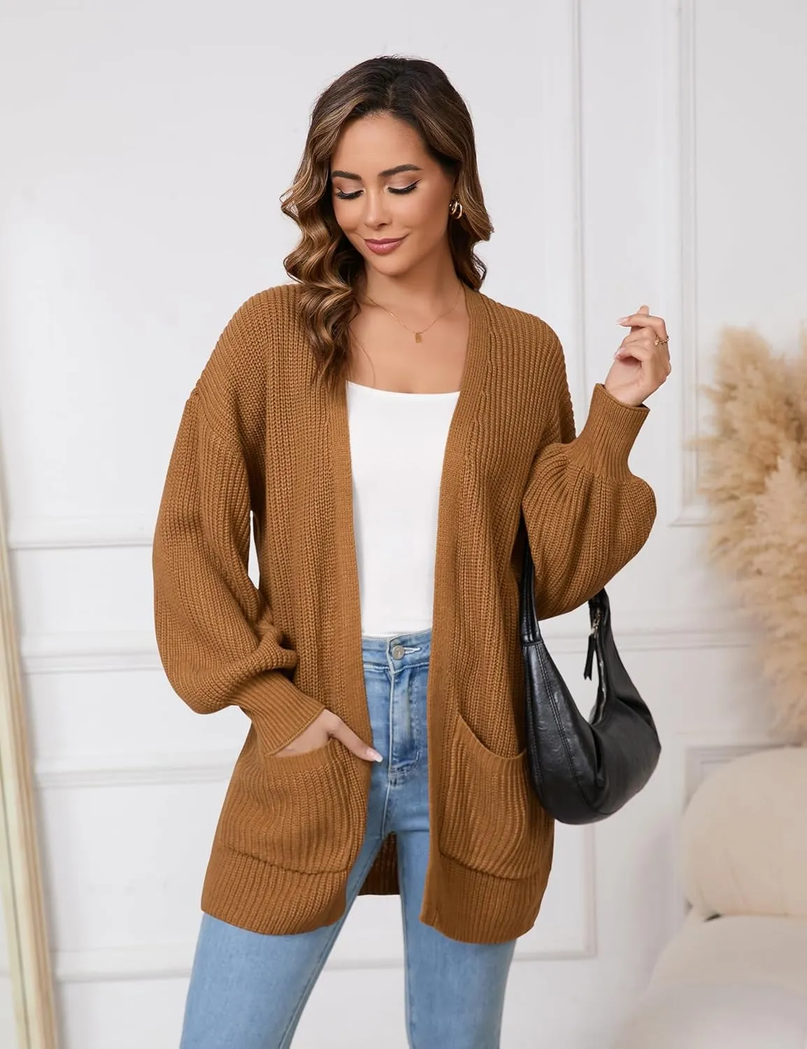 SPR&JOY Womens Lantern Sleeve Cardigan Sweaters, Drop Shoulder Open Front Knit Tops, Solid Loose Outwear Coats with Pockets