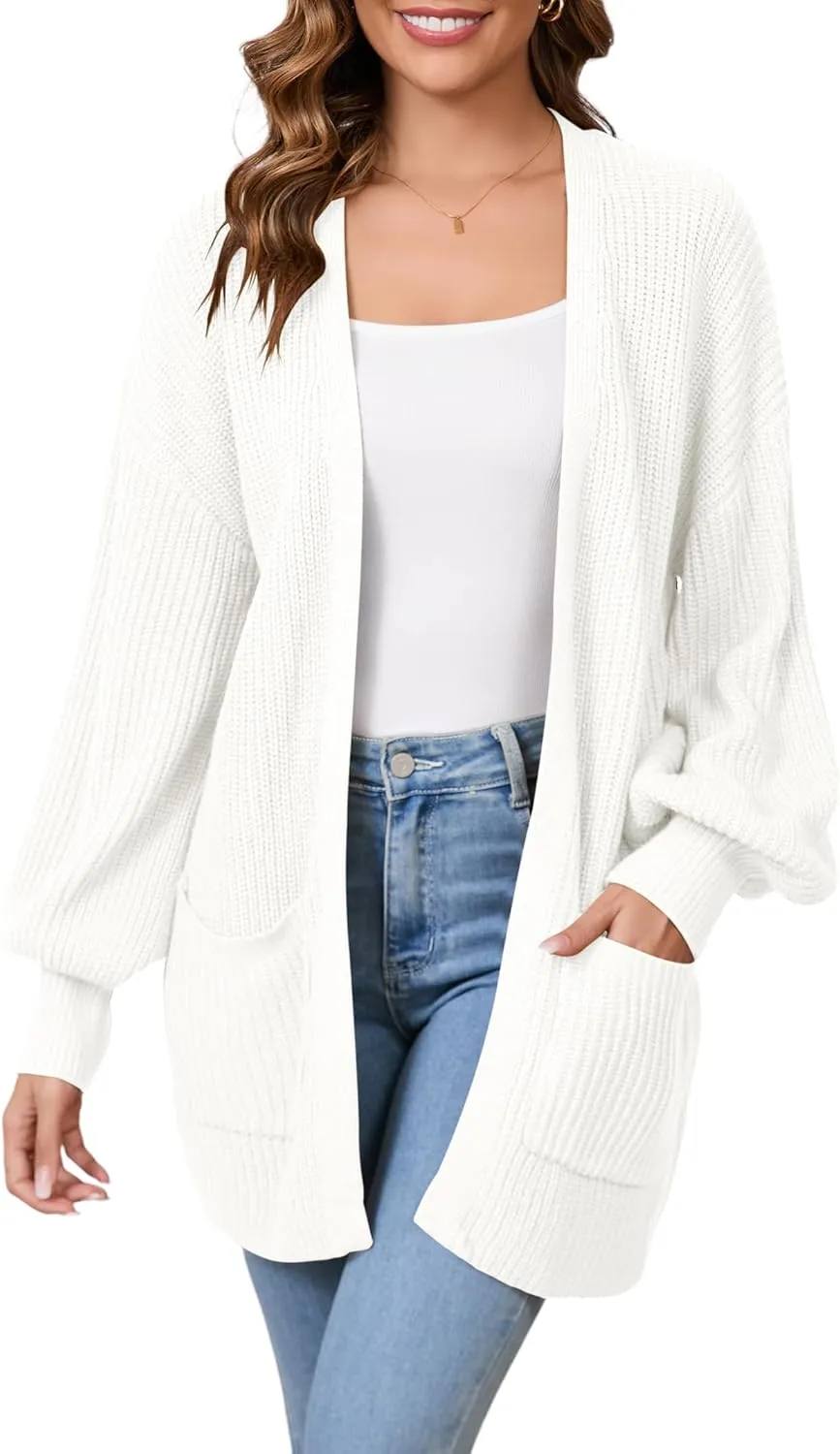 SPR&JOY Womens Lantern Sleeve Cardigan Sweaters, Drop Shoulder Open Front Knit Tops, Solid Loose Outwear Coats with Pockets