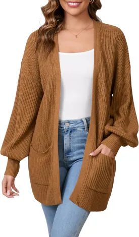 SPR&JOY Womens Lantern Sleeve Cardigan Sweaters, Drop Shoulder Open Front Knit Tops, Solid Loose Outwear Coats with Pockets