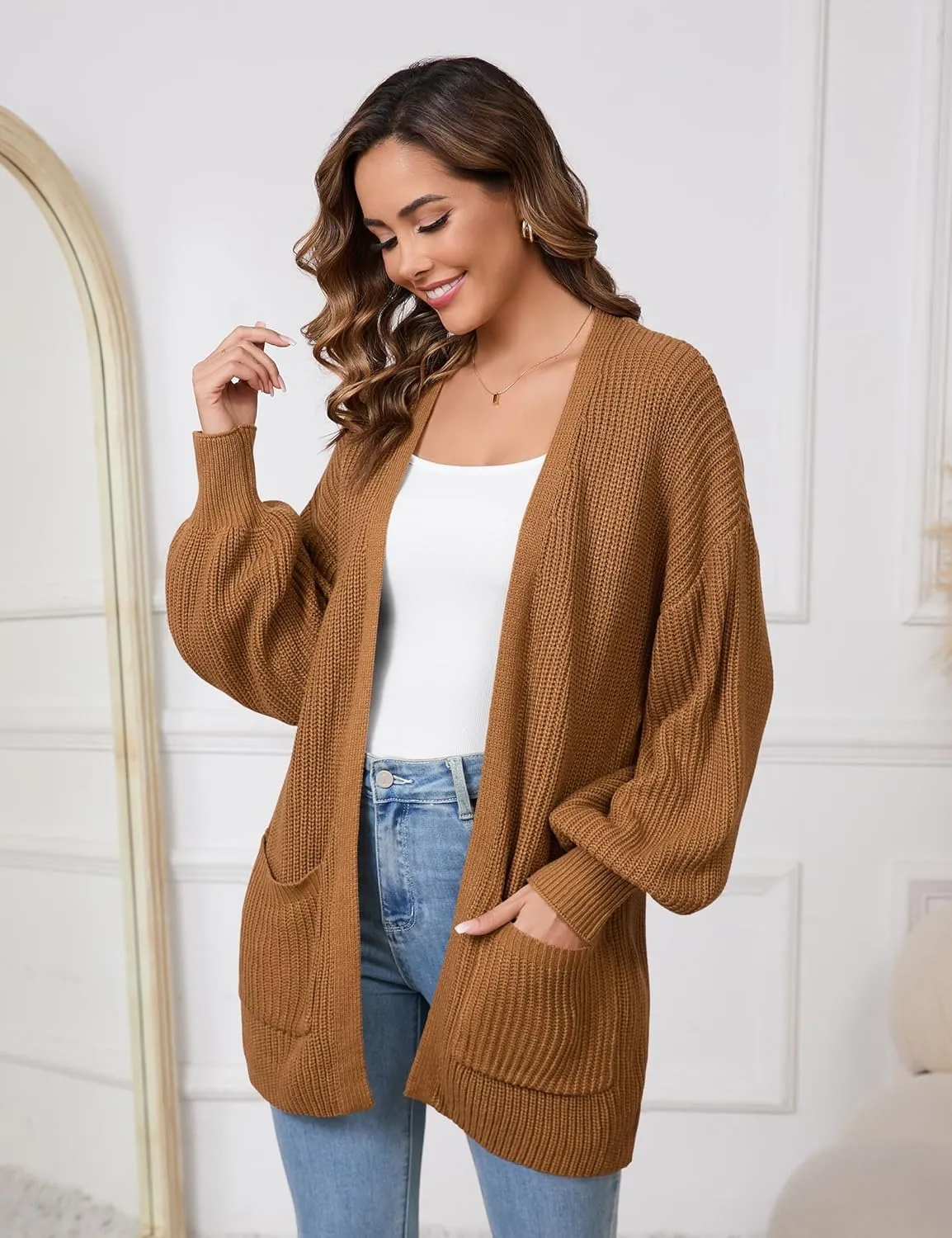 SPR&JOY Womens Lantern Sleeve Cardigan Sweaters, Drop Shoulder Open Front Knit Tops, Solid Loose Outwear Coats with Pockets